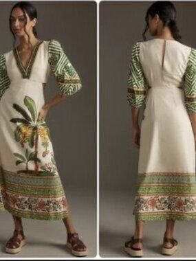 New Farm Rio Anthropologie Tan Palm V Neck Cut out Sides Maxi Dress S